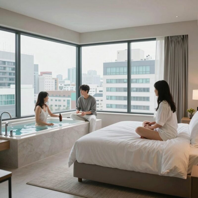 트리플리조트 객실 내부 더블베드와 월풀욕조가 보이는 공간