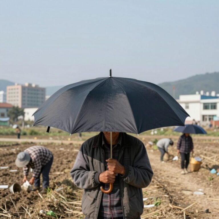 머리에 쓴 95cm 대형 우산모자가 밭일 중인 사람의 상체를 넓게 가려주는 모습