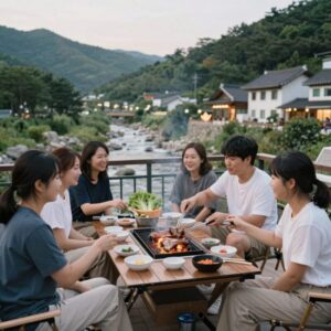 운일암숲펜션 테라스에서 바비큐 파티를 즐기는 모습. 숯불에 구운 고기와 계곡 뷰가 어우러져 여름밤 힐링을 선사한다.