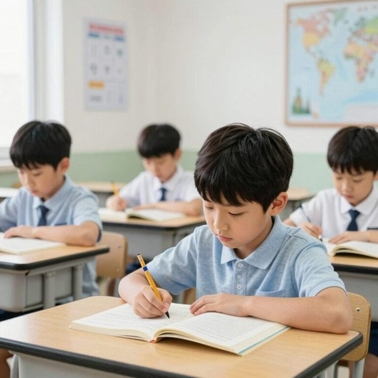 초등학생 방학기간에 책상에서 공부하는 아이