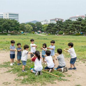어린이 물총을 들고 공원에서 즐겁게 노는 아이의 모습