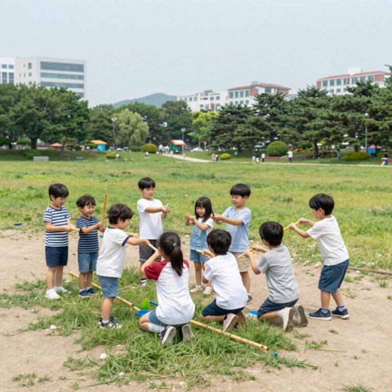 어린이 물총을 들고 공원에서 즐겁게 노는 아이의 모습