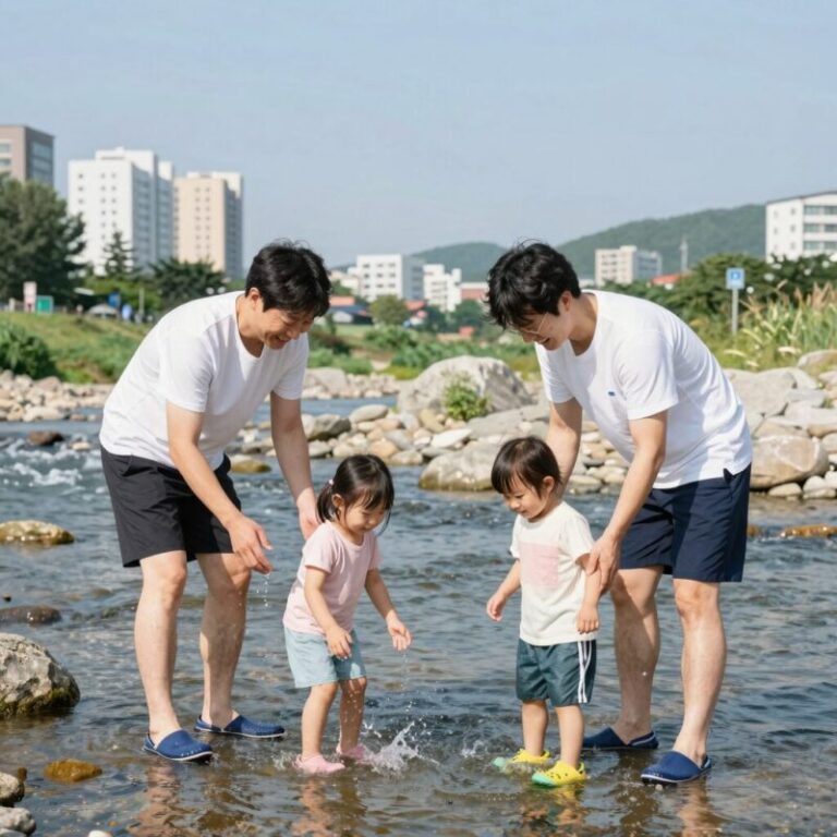 계곡에서 아쿠아슈즈를 신고 안전하게 물놀이하는 가족