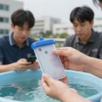 핸드폰방수케이스를 물속에 넣고 방수 성능을 테스트하는 장면
