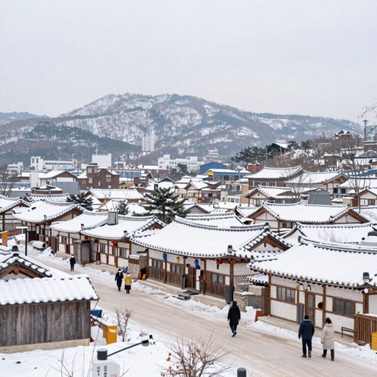 절기 대설에 내린 눈으로 덮인 겨울 마을 풍경