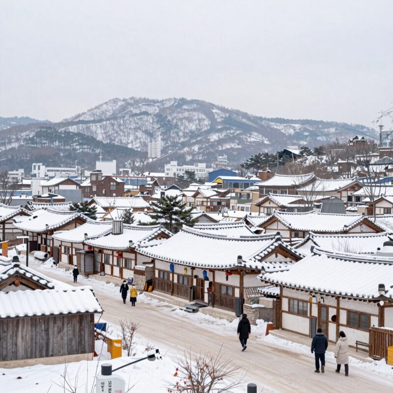 절기 대설에 내린 눈으로 덮인 겨울 마을 풍경