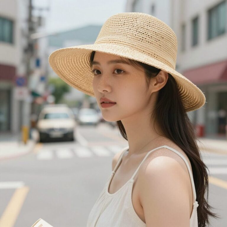여름철 여성 밀짚모자를 쓴 모델의 스타일 이미지