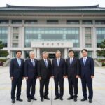 우원식 의원 해외 출장 의회외교 주요 성과 우원식 의원이 해외 출장 중 현지 의회 건물 앞에서 동료 의원들과 기념 촬영하는 모습