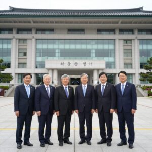 우원식 의원이 해외 출장 중 현지 의회 건물 앞에서 동료 의원들과 기념 촬영하는 모습