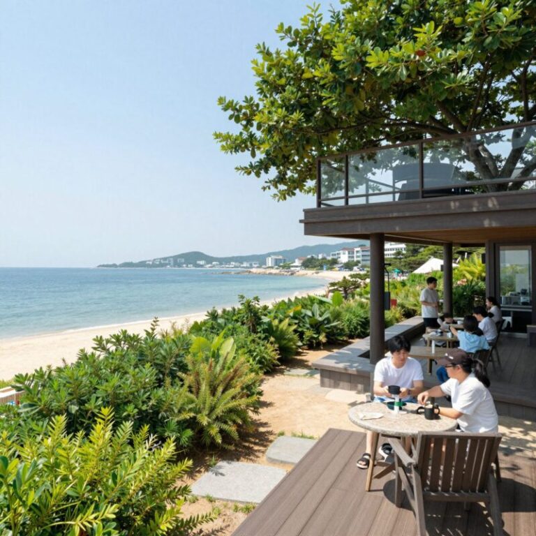 거제도 야자수펜션 2층 테라스에서 바라본 오션뷰와 야자수 정원 풍경