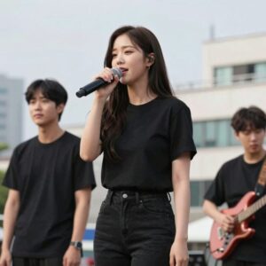 가수 양미경이 야외 무대에서 노래하는 모습