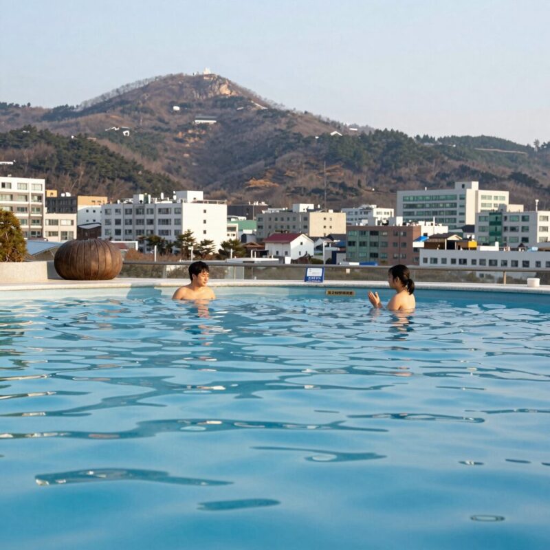 경북 풀빌라 여행 추천 베스트 1 예천 오늘스테이의 넓은 프라이빗 미온수 수영장과 뒷편 산 풍경