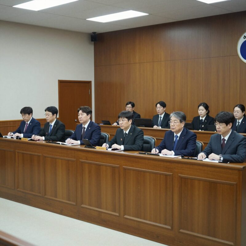 윤석열 선거법 유죄 판결 의미와 영향 1 윤석열 전 대통령의 공직선거법 위반 재판이 열린 법정 내부 모습. 판사와 검사, 변호인 등이 자리하고 있다.