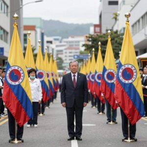 콜롬비아 대통령 취임식을 앞둔 보고타 거리와 국기
