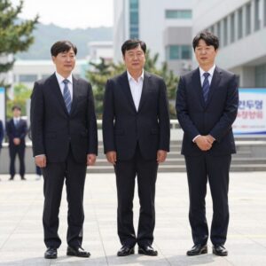 민주당 경선 결과 충청권 발표 현장에서 세 후보가 함께 인사하고 있는 모습