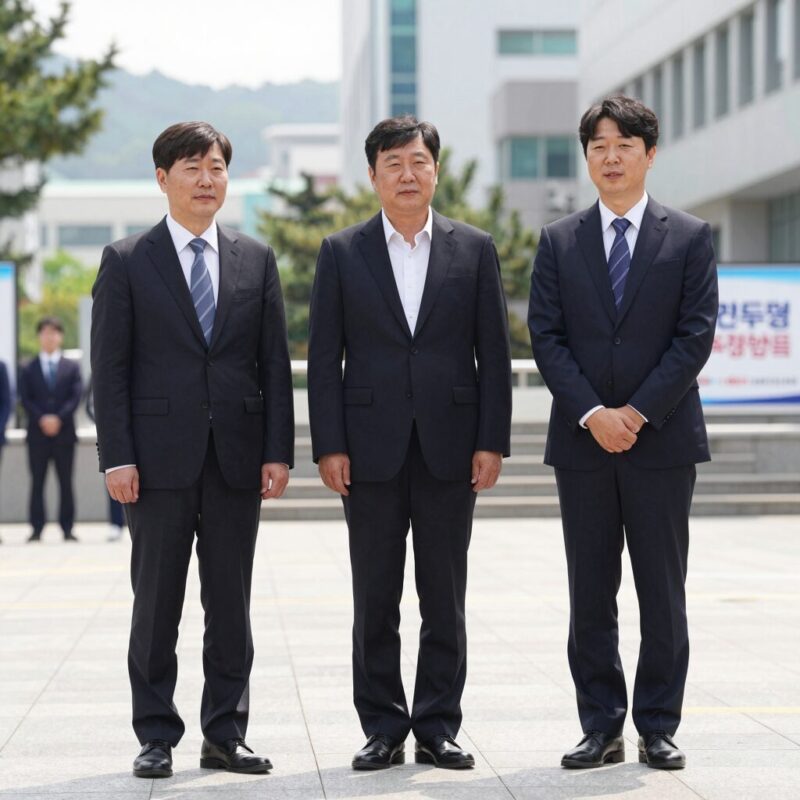 민주당 경선 결과 충청권 김민석 깜짝 선두 1 민주당 경선 결과 충청권 발표 현장에서 세 후보가 함께 인사하고 있는 모습